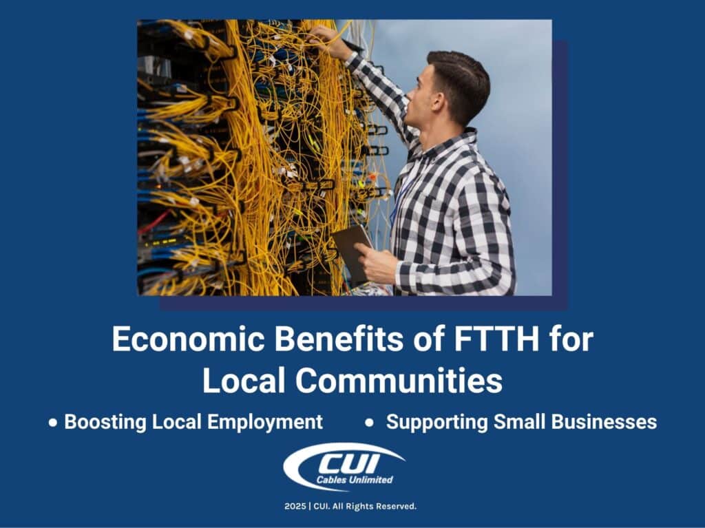 C)1: Man working with fiber optic wires in home: Economic Benefits of FTTH for Local Communities