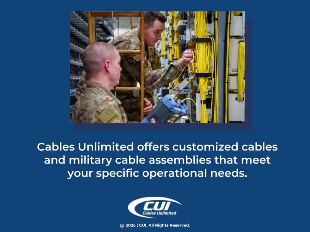 Two men in military uniforms working on a server rack- Cables-Unlimited offers customized cables.