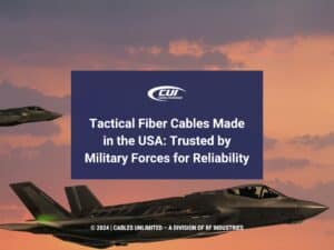 Featured: F-35 fighter jet in flight at sunset- Tactical fiber cables made in the USA: trusted by military forces for reliability