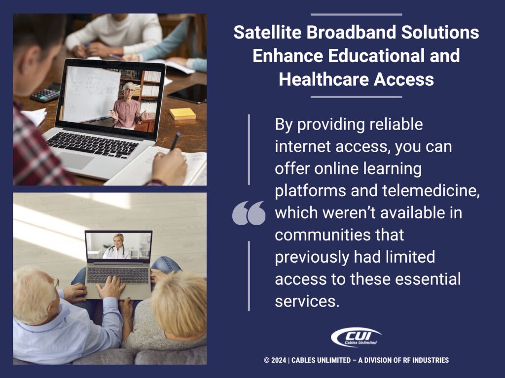 Callout 3: Student watching online lesson, seniors in medical consultation on laptop- quote from text about enhancing education & healthcare access with broadband satellite