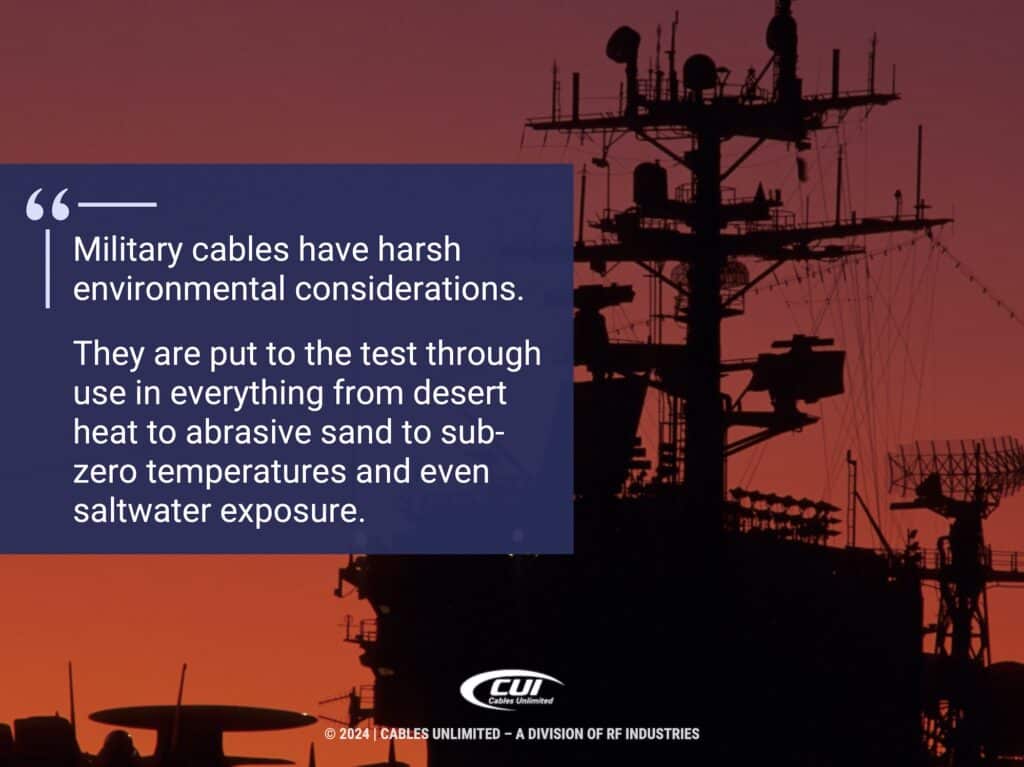 Callout 1: aircraft carrier at sunset- quote from text about military cables in harsh environments.