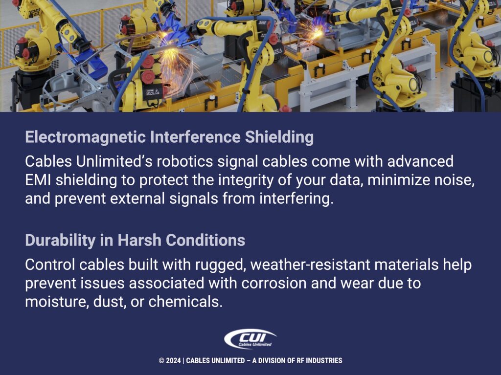 Callout 3: robotic arms doing automated assembly- 2 benefits of robotic signal cables in harsh environments.