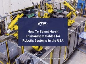 Featured: industrial robot working in factory- How to Select Harsh Environments Cables for Robotic Systems in the USA.