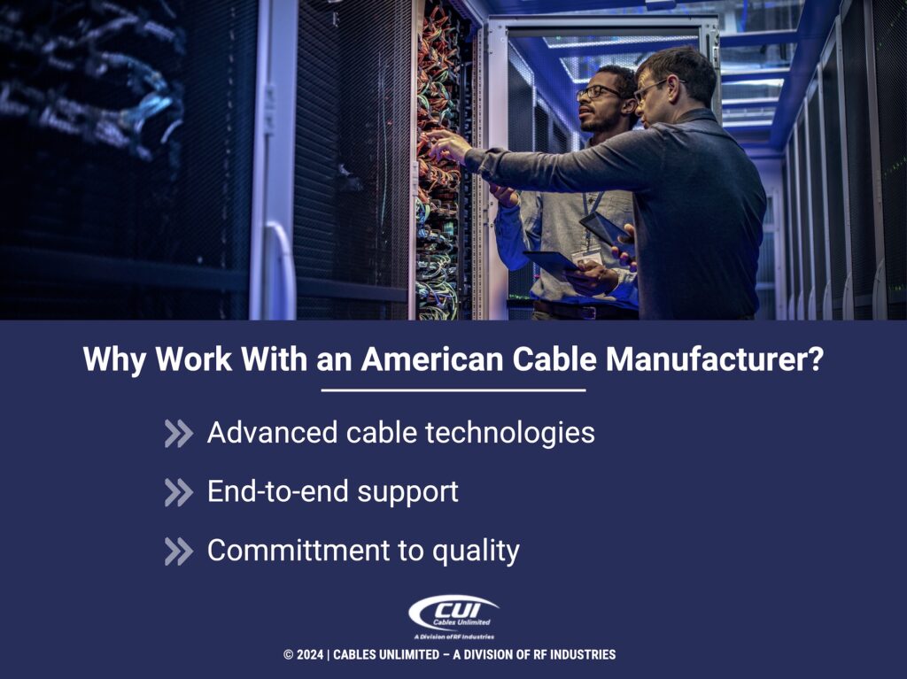 IT engineers checking server cables- 3 benefits of working an American cable manufacturer.