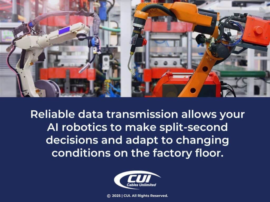 Two robotic arms working in industrial environment- quote from text about AI robotic's ability to make split-second decisions.