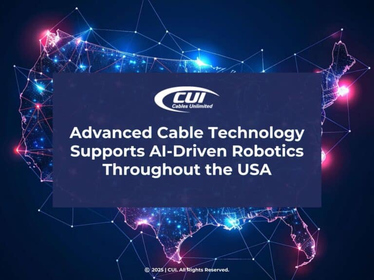 Stylized, glowing USA map- Advanced Cable Technology Supports AI Driven Robotics Throughout the USA.